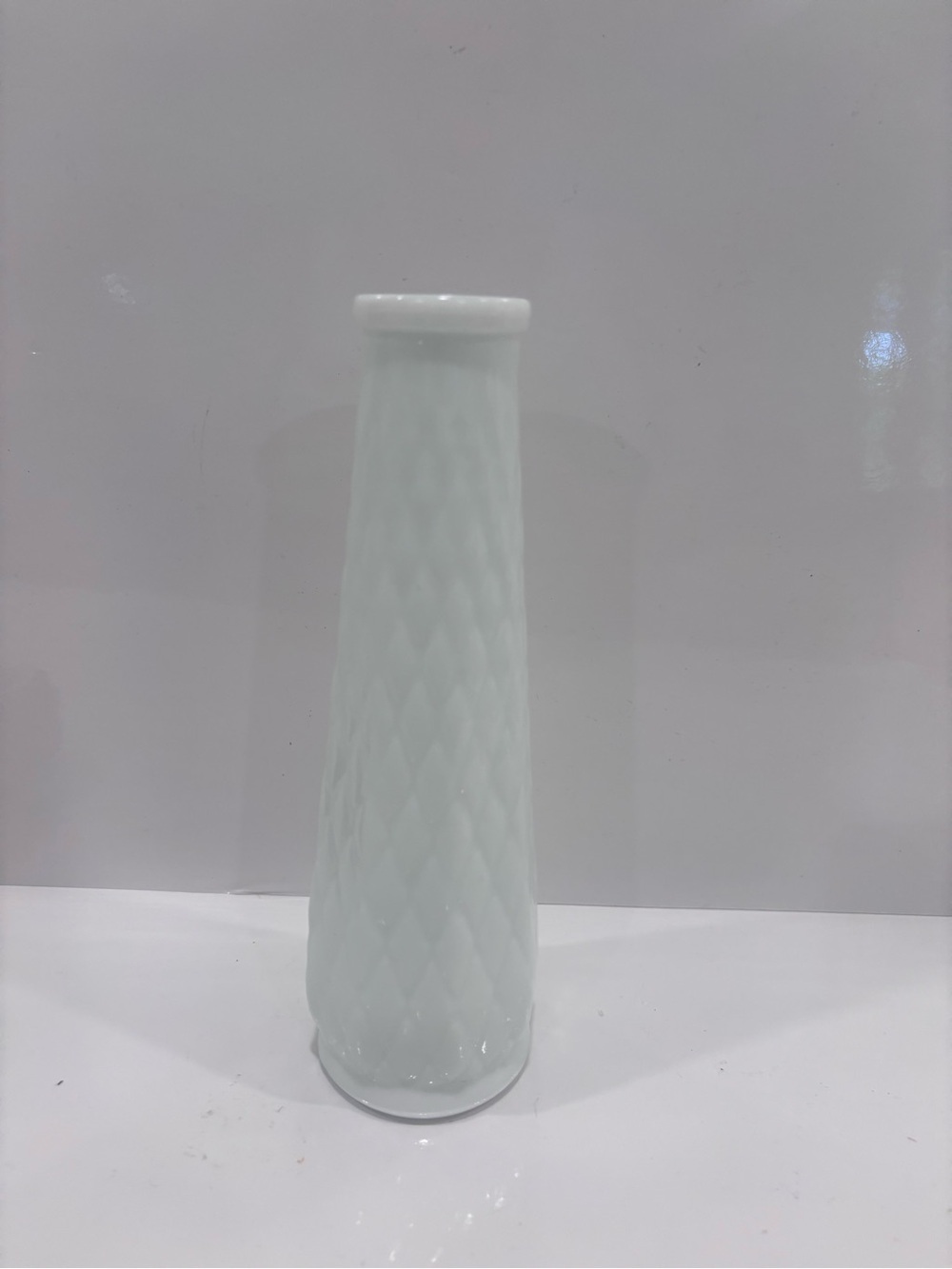 Vintage White Milk Glass Diamond Quilt Bud Vase – 8.5” Tall